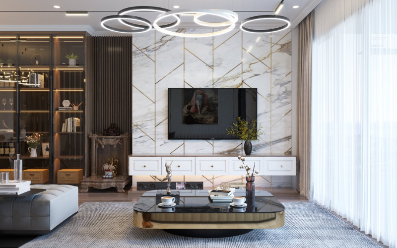 Thiết kế nội thất phòng khách sang trọng với vật liệu ánh kim